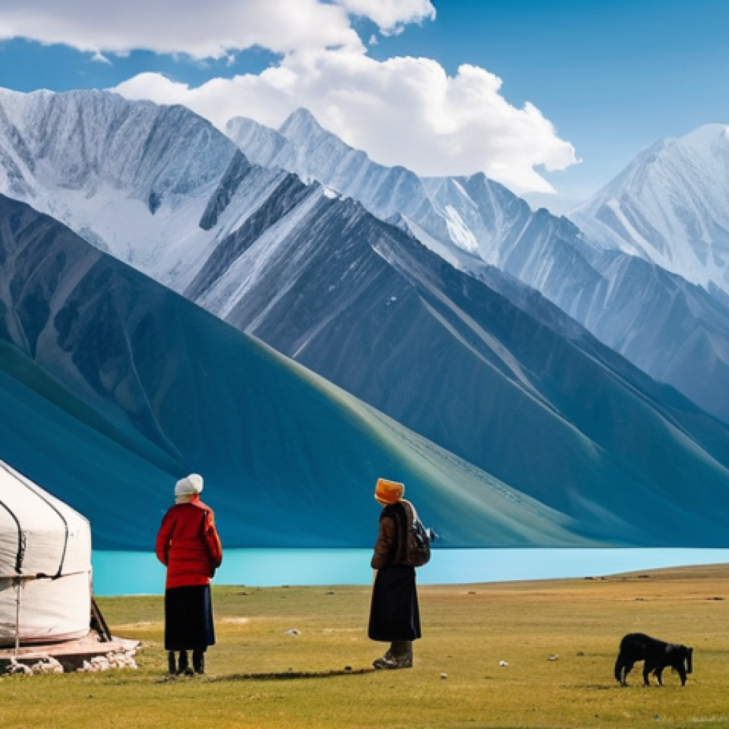 키르기스스탄 안전 여행 가이드 - **Prompt:** A picturesque scene showcasing the majestic snow-capped Tian Shan mountains and a serene...