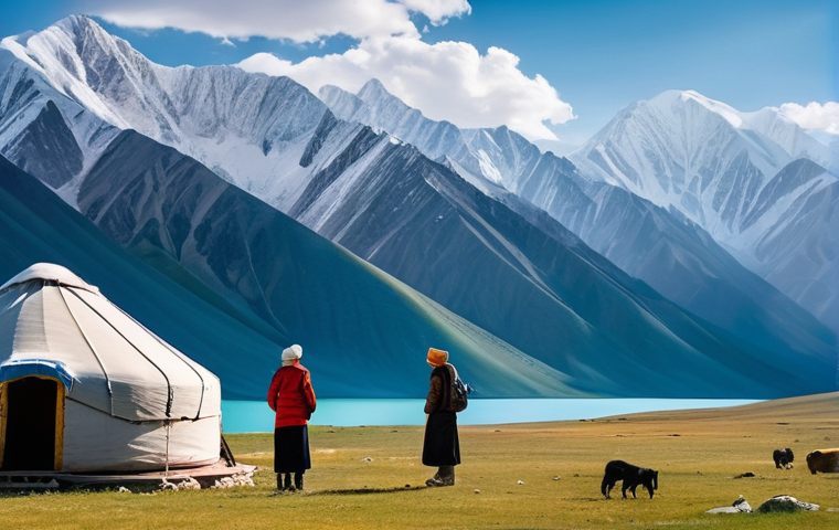 키르기스스탄 안전 여행 가이드 - **Prompt:** A picturesque scene showcasing the majestic snow-capped Tian Shan mountains and a serene...
