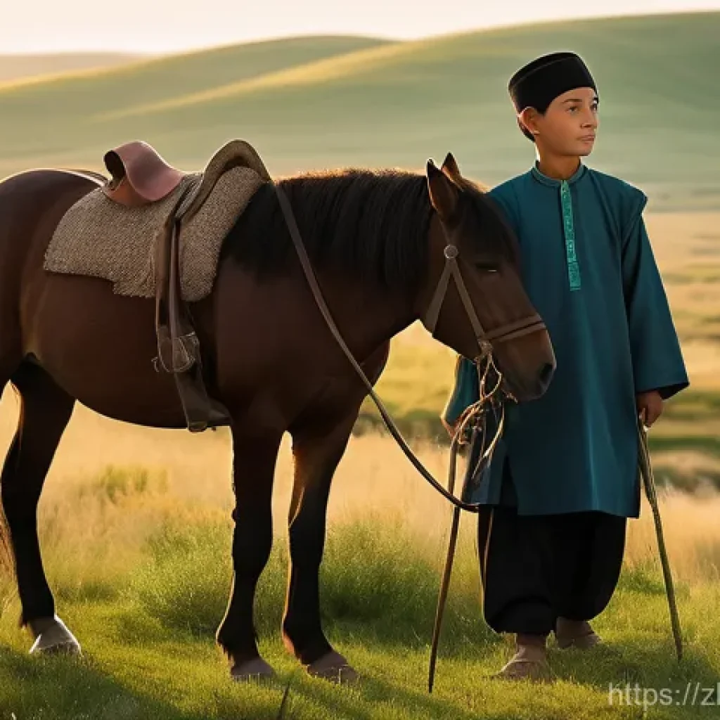 초이굴르 아이트마토프 작품 - **Prompt: A tranquil Central Asian steppe landscape at dawn.** A young shepherd boy, around 10-12 ye...