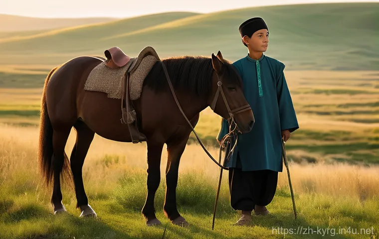 초이굴르 아이트마토프 작품 - **Prompt: A tranquil Central Asian steppe landscape at dawn.** A young shepherd boy, around 10-12 ye...