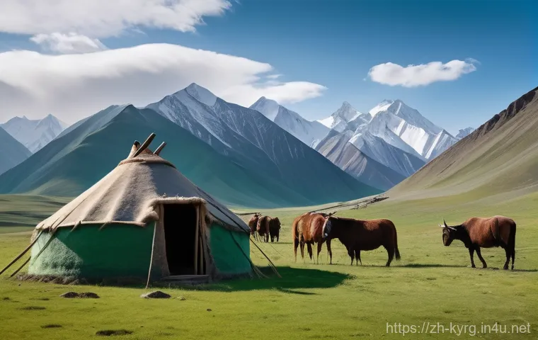 키르기스스탄 역사 개요 - Image Prompt 1: Ancient Nomadic Life in the Tian Shan**