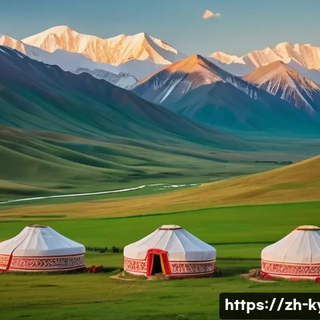 키르기스스탄 유목민 체험 - A breathtaking panoramic view of the vast Kyrgyz grassland at golden hour. In the foreground, a trad...