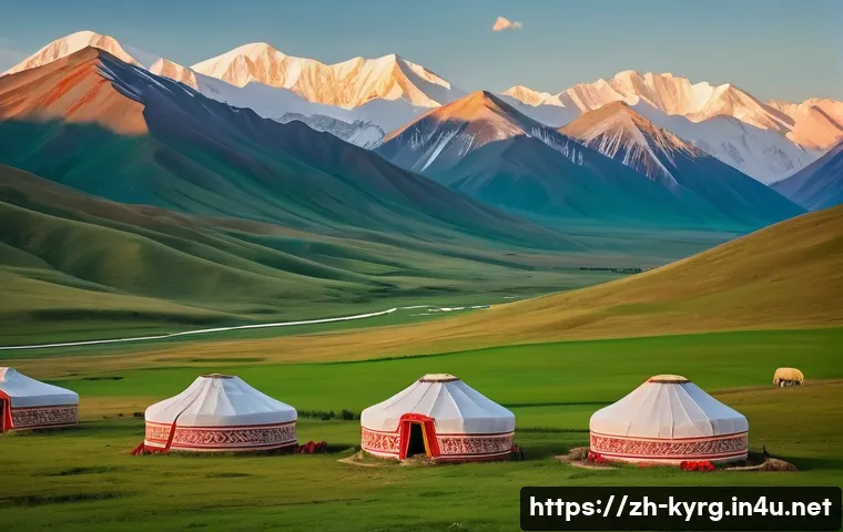 키르기스스탄 유목민 체험 - A breathtaking panoramic view of the vast Kyrgyz grassland at golden hour. In the foreground, a trad...