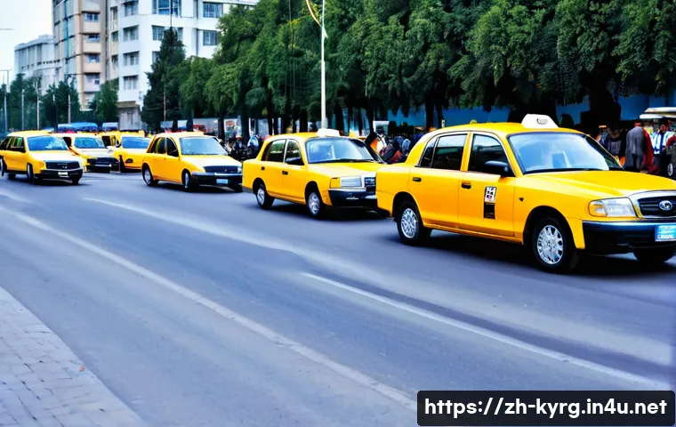 키르기스스탄 택시 이용 주의사항 - A bustling street scene in Bishkek, Kyrgyzstan, showing a diverse mix of official taxis and private ...