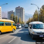 키르기스스탄 대중교통 이용법 - A vibrant street scene in Bishkek during morning rush hour, featuring a variety of public transporta...