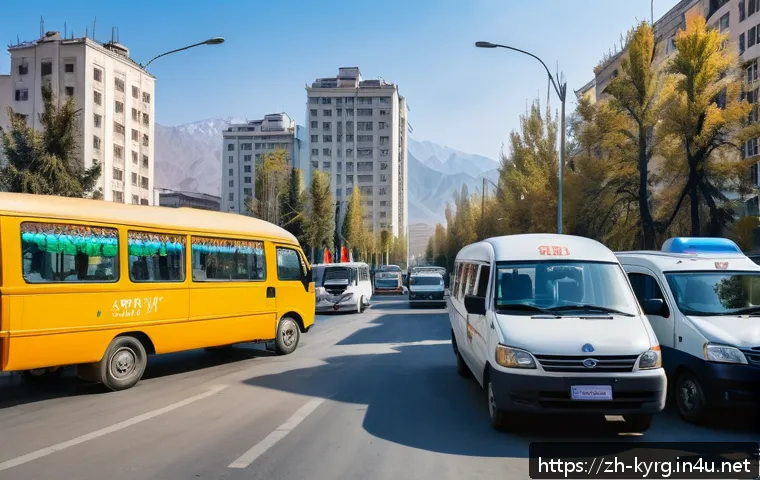 키르기스스탄 대중교통 이용법 - A vibrant street scene in Bishkek during morning rush hour, featuring a variety of public transporta...