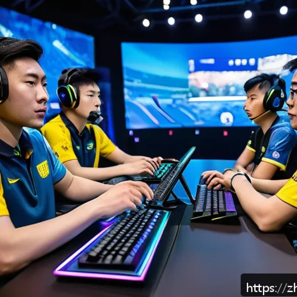 노마드 게임 대회 - A dynamic esports team in the middle of an intense match, showcasing seamless teamwork and strategic...