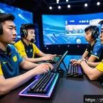 노마드 게임 대회 - A dynamic esports team in the middle of an intense match, showcasing seamless teamwork and strategic...