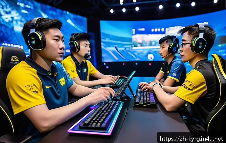 노마드 게임 대회 - A dynamic esports team in the middle of an intense match, showcasing seamless teamwork and strategic...