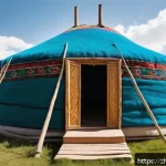 키르기스스탄 전통 게르 숙박 - A traditional Kyrgyz yurt set in the vast green steppe under a clear blue sky, featuring a sturdy wo...