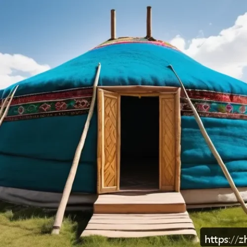 키르기스스탄 전통 게르 숙박 - A traditional Kyrgyz yurt set in the vast green steppe under a clear blue sky, featuring a sturdy wo...