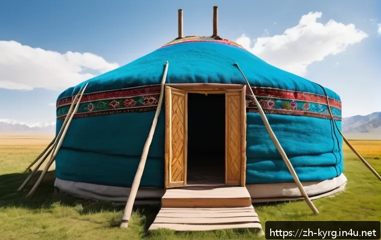 키르기스스탄 전통 게르 숙박 - A traditional Kyrgyz yurt set in the vast green steppe under a clear blue sky, featuring a sturdy wo...
