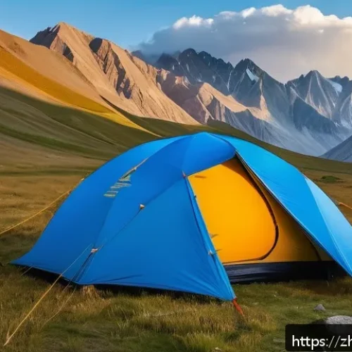 키르기스스탄 캠핑 필수 준비물 - A sturdy double-layer tent pitched on a rugged Kyrgyzstan mountain plateau at dusk, featuring an alu...
