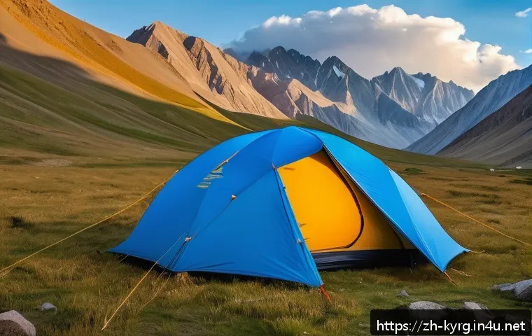 키르기스스탄 캠핑 필수 준비물 - A sturdy double-layer tent pitched on a rugged Kyrgyzstan mountain plateau at dusk, featuring an alu...