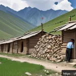 키르기스스탄의 자연재해 - A detailed scene of a mountainous village in Kyrgyzstan&rsquo;s southern region during an earthquake, show...