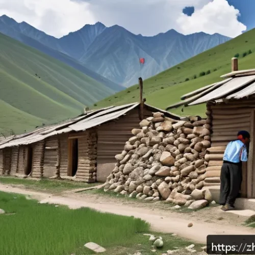 키르기스스탄의 자연재해 - A detailed scene of a mountainous village in Kyrgyzstan&rsquo;s southern region during an earthquake, show...