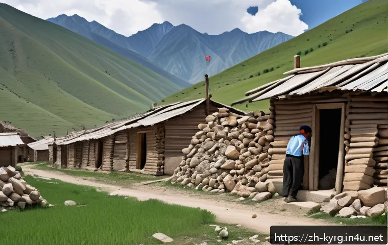 키르기스스탄의 자연재해 - A detailed scene of a mountainous village in Kyrgyzstan&rsquo;s southern region during an earthquake, show...